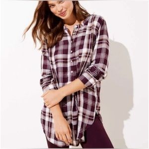EUC Loft popover plaid burgundy/gold thread tunic shirt size medium